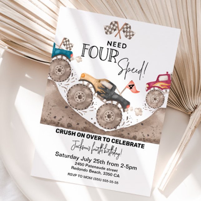 Need Four Speed, Monster Truck 4th Birthday Invite (Monster truck NEED FOUR SPEED invitation, fourth birthday)