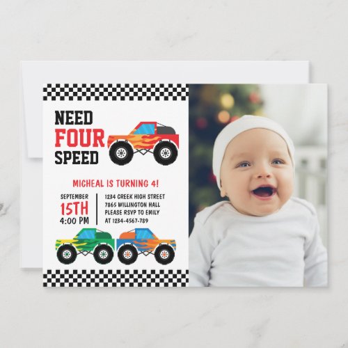 Need Four Speed Monster Truck 4th Birthday Photo Invitation