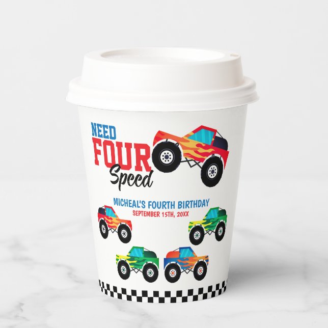 Need Four Speed Monster Truck Birthday Paper Cups (Front)