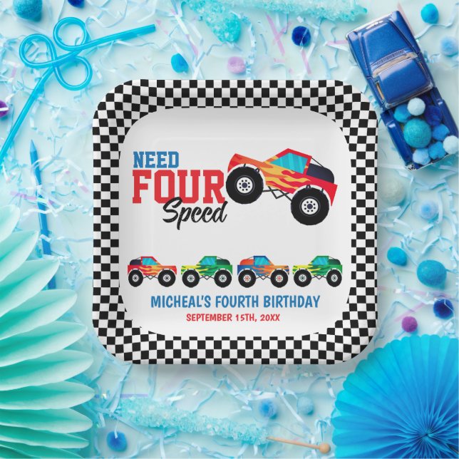 Need Four Speed Monster Truck Birthday Paper Plates (Party)