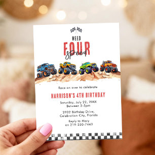 Need Four Speed Monster Truck Boy 4th Birthday Inv Invitation