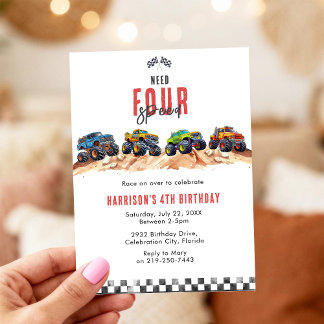 Need Four Speed Monster Truck Boy 4th Birthday Inv Invitation