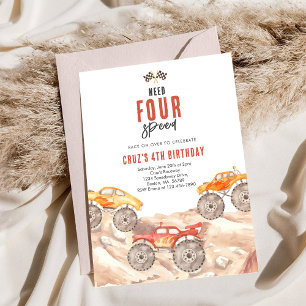 Need Four Speed Monster Truck Boy 4th Birthday Inv Invitation
