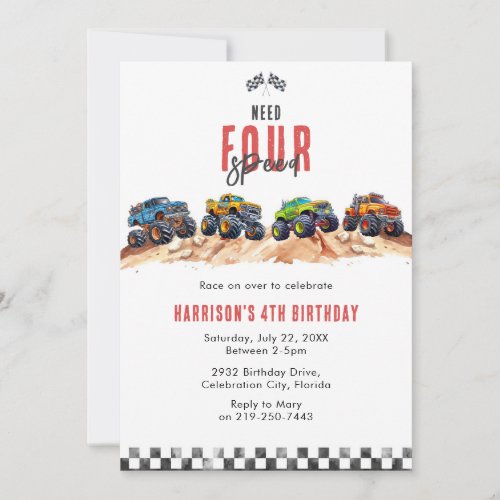 Need Four Speed Monster Truck Boy 4th Birthday Inv