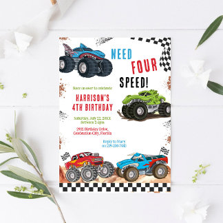 Need Four Speed Monster Truck Boy 4th Birthday  Invitation