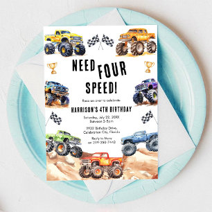 Need Four Speed Monster Truck Boy 4th Birthday  Invitation