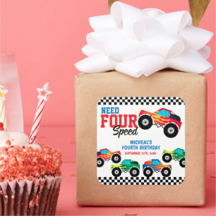 Need Four Speed Monster Truck Fourth Birthday Square Sticker