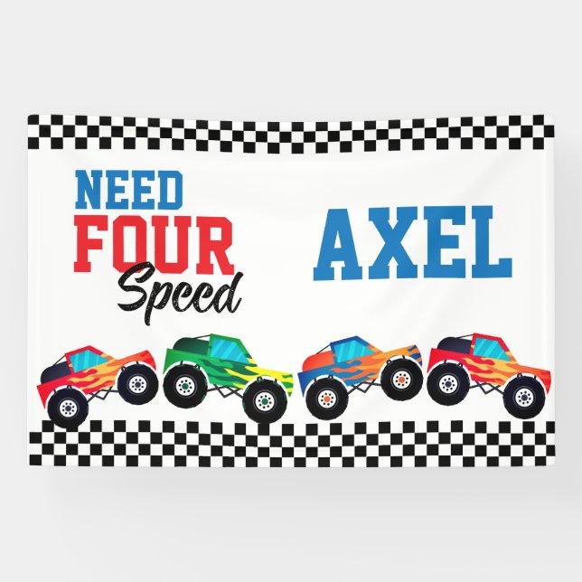 Need Four Speed Monster Truck Race 4th Birthday Ba Banner (Horizontal)
