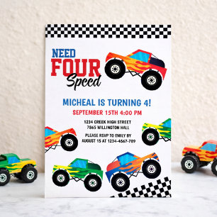 Need Four Speed Monster Truck Race 4th Birthday Invitation