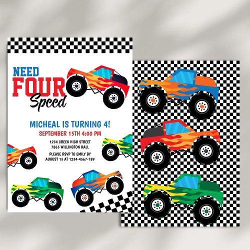 Need Four Speed Monster Truck Race 4th Birthday Invitation