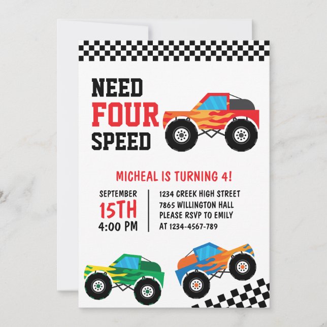 Need Four Speed Monster Truck Race Car 4th Invitation (Front)