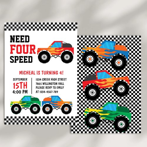 Need Four Speed Monster Truck Race Car 4th Invitation