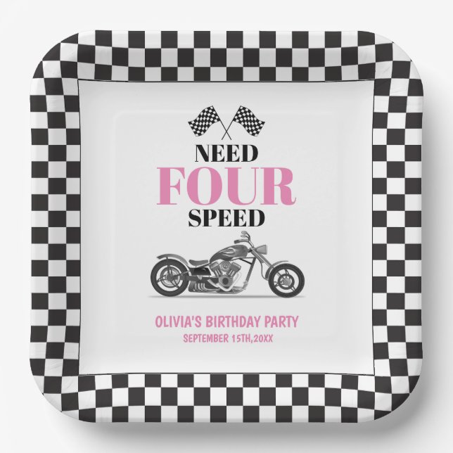 Need Four Speed Pink Heavy Bike Fourth Birthday  Paper Plates (Front)