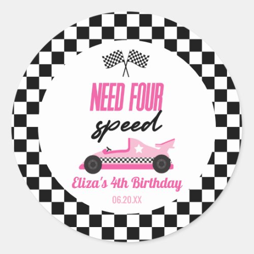 Need Four Speed Pink Race Car 4th Birthday Party Classic Round Sticker