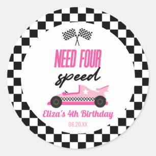 Need Four Speed Pink Race Car 4th Birthday Party Classic Round Sticker