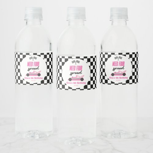 Need Four Speed Pink Race Car 4th Birthday Party Water Bottle Label