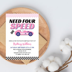Need Four Speed Pink Race Car Girl Birthday Invitation