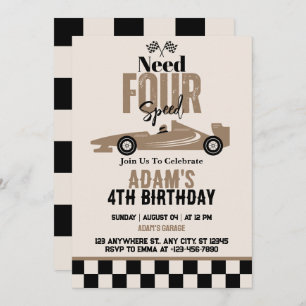 Need Four Speed Race Car Boy 4th Birthday Party  Invitation