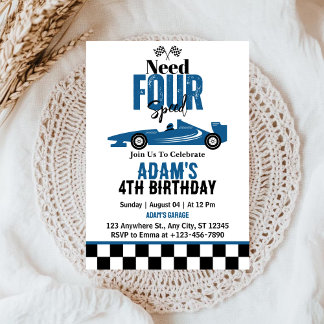 Need Four Speed Race Car Boy 4th Birthday Party Invitation