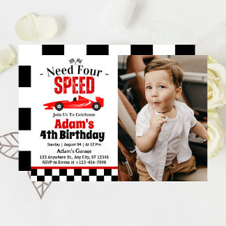 Need Four Speed Race Car Boy 4th Birthday Party Invitation