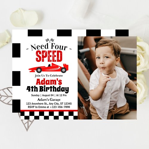 Need Four Speed Race Car Boy 4th Birthday Party  Invitation