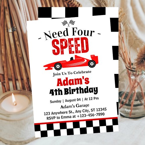 Need Four Speed Race Car Boy 4th Birthday Party  Invitation