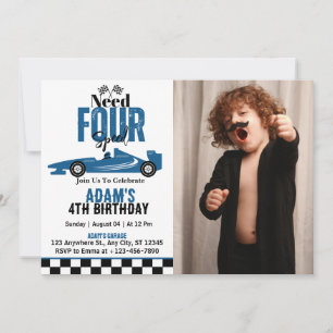 Need Four Speed Race Car Boy 4th Birthday Photo Invitation