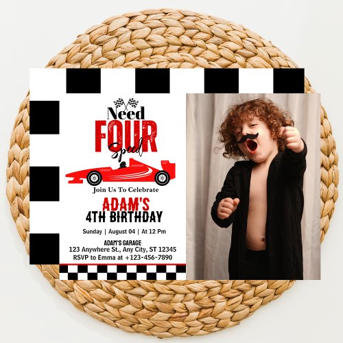 Need Four Speed Race Car Boy 4th Birthday Photo Invitation