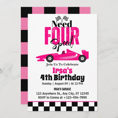 Need Four Speed Race Car Girl 4th Birthday  Invitation