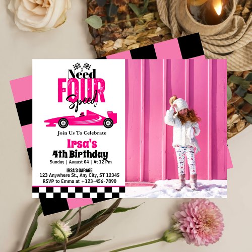 Need Four Speed Race Car Girl 4th Birthday Photo Invitation