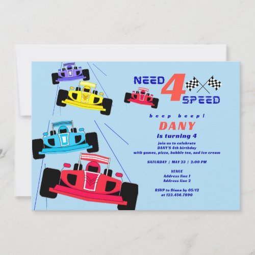 Need Four Speed Racer Car Race Boy 4th Birthday  Invitation