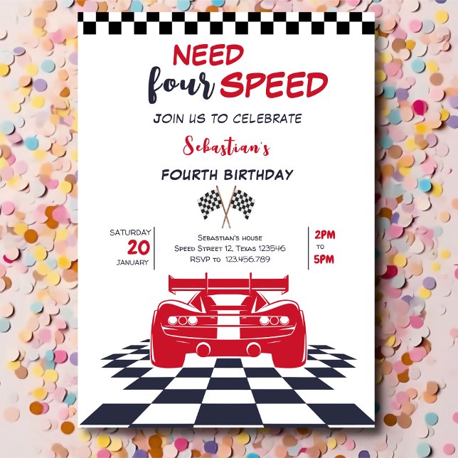 Need four speed racing car fourth kids birthday invitation (Creator Uploaded)