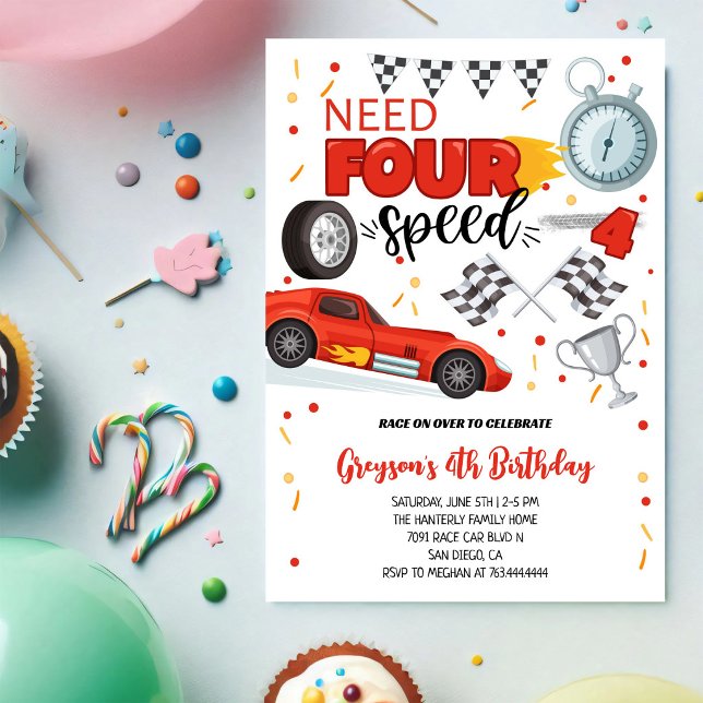 Need Four Speed Racing Car Red 4th Boy Birthday Invitation (Creator Uploaded)
