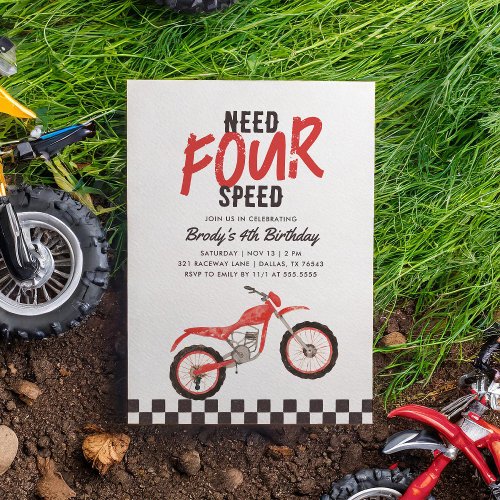Need Four Speed Red Dirt Bike Boy 4th Birthday Invitation