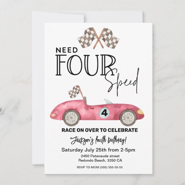 Need FOUR Speed Red Race car 4th birthday Invitation (Front)