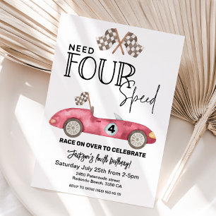 Need FOUR Speed Red Race car 4th birthday Invitation