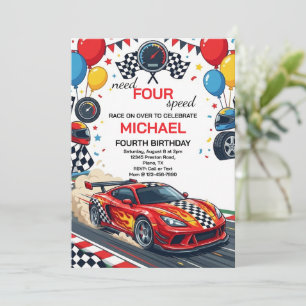 Need Four Speed Red Race Car 4th Birthday Party Invitation