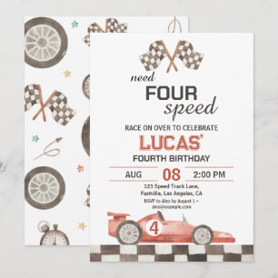 Need Four Speed Red Race Car 4th Birthday Party Invitation