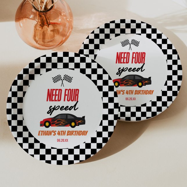 Need Four Speed Red Race Car 4th Birthday Party Paper Plates (Creator Uploaded)