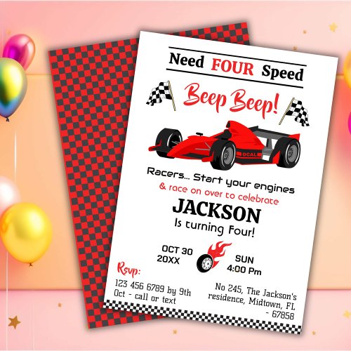 Need four speed red race sports car 4th birthday  invitation