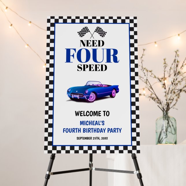 Need Four Speed Sports Car Blue Fourth Birthday Foam Board (In Situ (Stand))