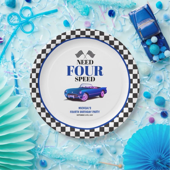 Need Four Speed Sports Car Blue Fourth Birthday Paper Plates (Party)