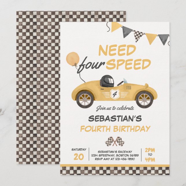 Need Four Speed Yellow Race Car 4th Birthday Party Invitation (Front/Back)