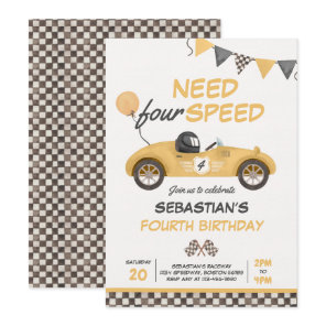 Need Four Speed Yellow Race Car 4th Birthday Party Invitation