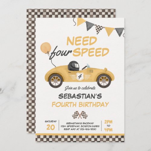 Need Four Speed Yellow Race Car 4th Birthday Party Invitation