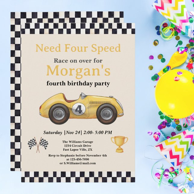 Need Four Speed Yellow Race Car Kids Fourth Party Invitation (Creator Uploaded)