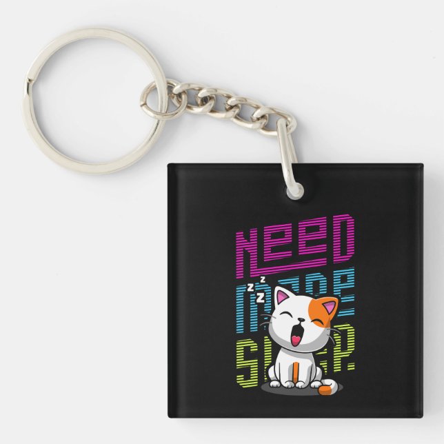 Need more Sleep | Funny Cat cute yawn expression Keychain (Front)