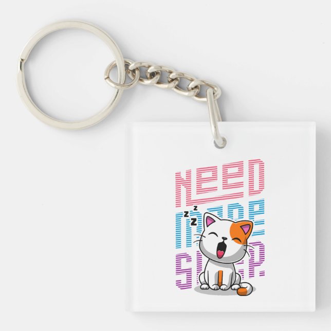 Need more Sleep | Funny Cat cute yawn expression Keychain (Front)