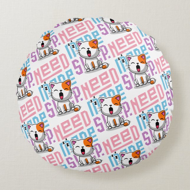Need more Sleep | Funny Cat cute yawn expression Round Pillow (Front)