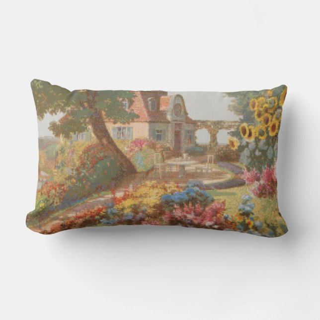 Needlepoint Style Garden House Lumbar Pillow (Front)